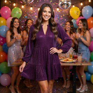 1. State Women's Pink Metallic Crinkle Tiered Long Sleeve Mini Dress, Size L